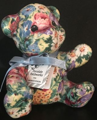 Porcelain Patchwork Floral Bear By Joan Baker Designs Blue Fabric Art With Tag