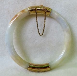 Vintage Chinese Mottled Celadon Jade 14k Gold Hinged Bangle Bracelet 7.  65mm
