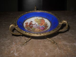Vintage Sevres Hand Painted Porcelain Plate Bronze Romantic Blue Fraganard