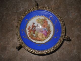 Vintage Sevres Hand Painted Porcelain Plate Bronze Romantic Blue Fraganard 2