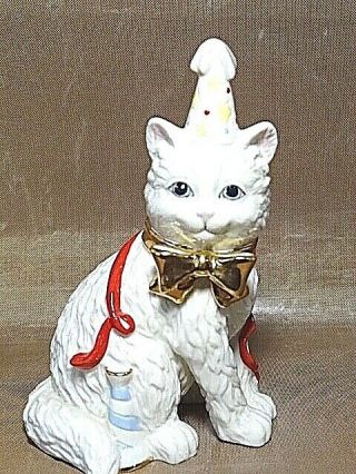 Lenox Porcelain Birthday Cat - White Cat With Party Hat,  Trimmed In 24k Gold