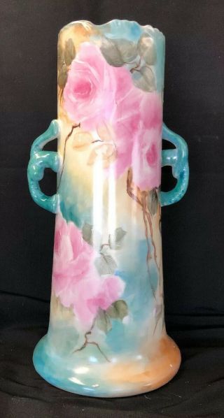 Antique Style Hand Painted Porcelain Vase Pink Roses 13 Inches Tall