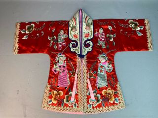 Vintage Chinese Red Silk Embroidered Child’s Robe Qing Dy Immortals Flowers