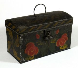 1800s Fine Antique Toleware Document Money Box Folk Art Flowers Pinwheels Tin