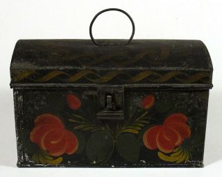 1800s Fine Antique Toleware DOCUMENT MONEY BOX Folk Art FLOWERS PINWHEELS Tin 2