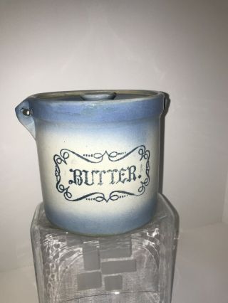 Vintage 3 Blue And White Stoneware Butter Crock With Matching Lid No Handle.