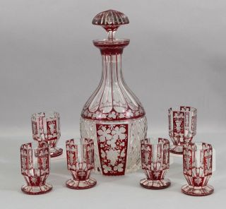 Antique Victorian Cut - To - Clear Ruby Overlay,  Liquor Decanter Cordials Glasses Nr