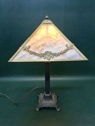 Antique Art Nouveau Slag Glass Panel Table Lamp Cast Iron Base