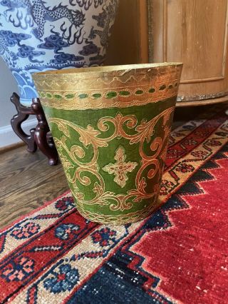 Vintage Tole Florentine Gold & Green Italian Waste Basket Trash Can Italy