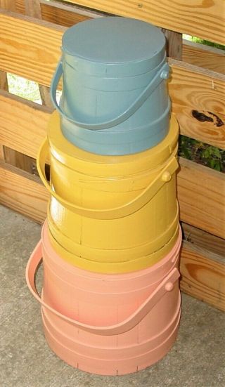 Vintage Stack Of 3 Painted Firkin - Sugar Bucket - Shaker - Pantry Box Primitive