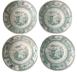 4 Rare Antique " T.  Mayer” Green Transferware Plates Longport England C.  1830 
