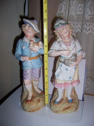 Antique German Bisque Porcelain Figurine Pair Boy With Dogs Girl With Cat 12 In