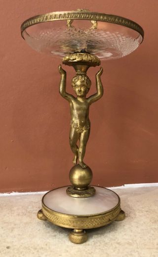 Antique Palais Royal Gilt Bronze Compote Dish,  Putti With Mother Of Pearl Base