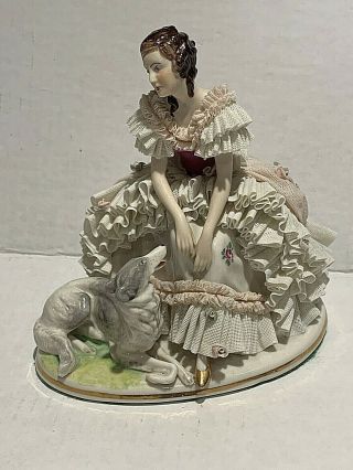 Antique Dresden Porcelain Group Of A Girl With Greyhound