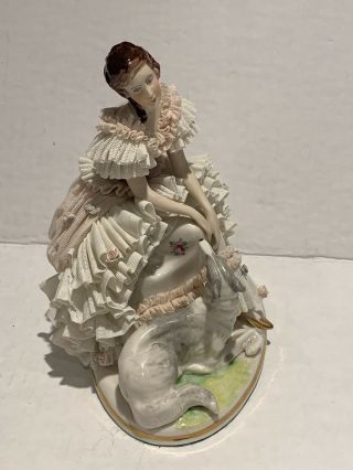 Antique Dresden Porcelain Group Of a Girl With Greyhound 2