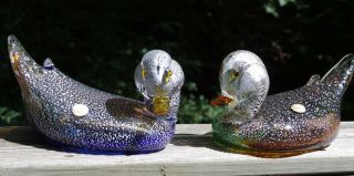 Vintage Large Murano Italian Art Silver Flecked Glass Ducks (set Of Two) Venezia