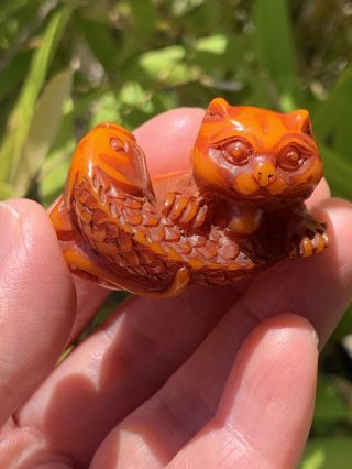 Vintage Collectable Tiny Amber Color Nesuke Ornament Cat With Fish Figurine