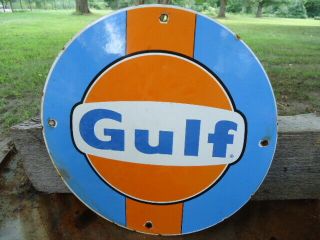 Old Vintage 1950s Gulf Gasoline Fuel Oil Porcelain Gas Pump Sign Great Colors