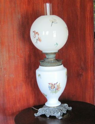 Hurricane Globe Parlor Lamp " Gwtw " Hand Painted Floral Electric " Oil " Antique