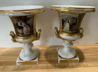 Pair Antique Vtg Porcelain Twin Handled Pedestal Urn Vase Lovers Gold Trim 11.  5”