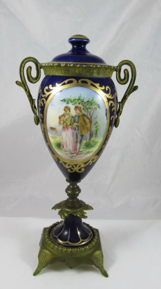 Antique Royal Vienna France Porcelain Bronze Mounts Covered Urn Hand Painted