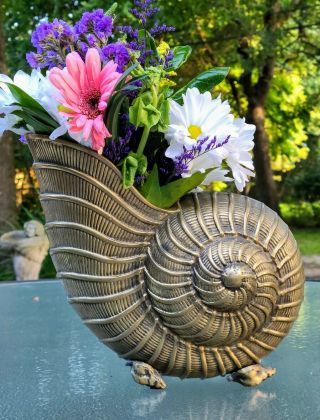 Vintage Brass Nautilus Shell Planter Vase W/shell Feet 9 " T X 10 " W X 5.  5 " D