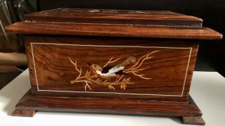 Hand Crafted Vintage Wooden Jewelry Box With Inlaid Birds Design