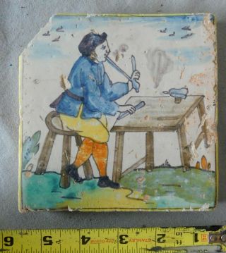 Rare 17th C.  Delft Ceramic Tile Dutch Porcelain Polychrome Pipe Smoker Table