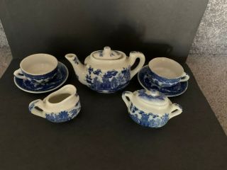 Miniature 9 - Piece Vintage Glazed Ceramic Tea Set For 2,  Blue & White