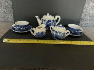 Miniature 9 - Piece Vintage Glazed Ceramic Tea Set for 2,  Blue & White 2