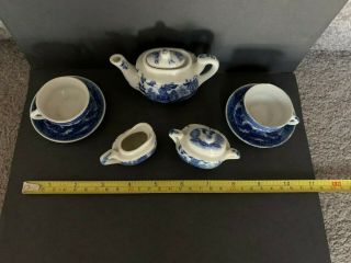 Miniature 9 - Piece Vintage Glazed Ceramic Tea Set for 2,  Blue & White 3