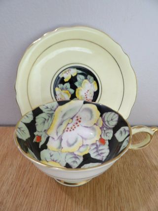 Vintage Paragon Black Yellow Flowers Pansy Queen Footed Tea Cup Teacup Fine