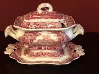 Rare Vintage Masons Vista Red Pink Tureen Lid Underplate Dish Antique Medium