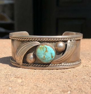 Vtg Old Pawn Navajo Sterling Silver Royston Turquoise Leaf Wide Cuff Bracelet