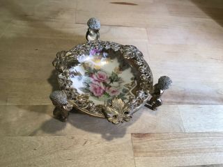 Vintage Royal Crown Hand - Painted Porcelain And Metal Cherub Trinket Bowl