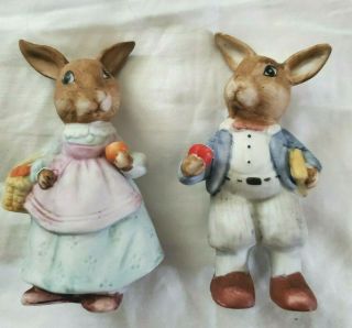Vintage Ceramic Porcelain Kitsch Bunny Rabbit Figurine Set Boy And Girl Cute