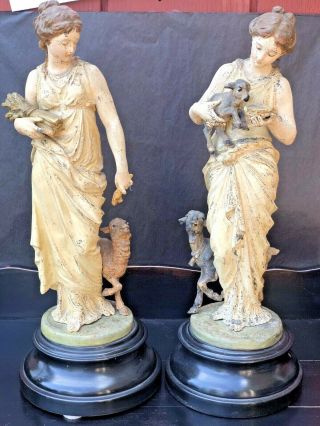 2 Antique White Metal Statues Figurine Figures Of Women,  18 " Tall,  Orig.
