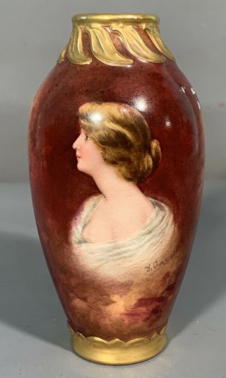 6 " Antique Art Nouveau Royal Bonn Porcelain Old Lady Painting Portrait Vase