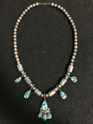 Vintage Navajo Tim Guerro Sterling Silver Turquoise Native American Necklace 22 "