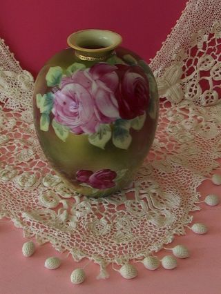Antique Red & Pink Roses Hand Painted Porcelain Vase