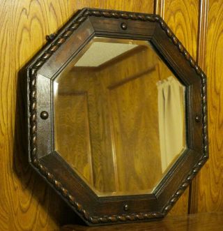 Vintage Octagon Carved Rope Trim Oak Wood Frame Beveled Glass Mirror