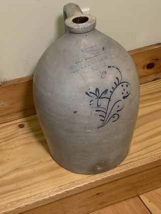 Antique 19th Century 3 Gal Stoneware Jug “wiggin” Boston Cobalt Blue Salt Glazed