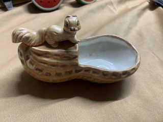 Vtg Hand Made Ceramic Peanut Shaped Topped With Squirrel Nut Candy Dish