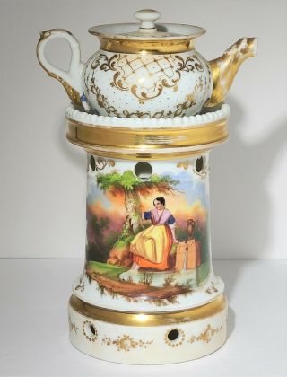 19th C Antique Old Paris Porcelain Teapot / Veilleuse Woman In Garden