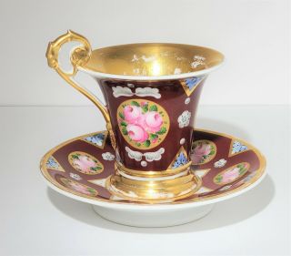 19th C Antique Old Paris / Russian Porcelain Cup & Saucer W Pink Roses