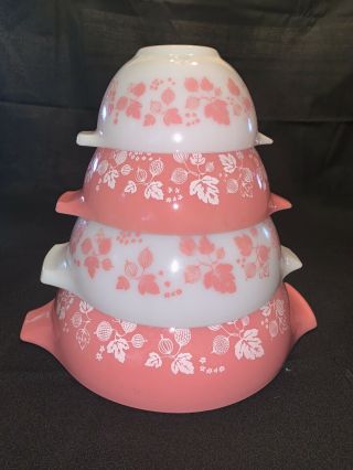 Set Of 4 Vtg Pyrex Pink Gooseberry Cinderella Mixing Nesting Bowls Exc