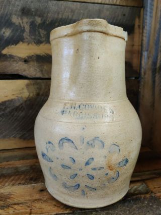 Antique Primitive Stamped F.  H.  Cowden Stoneware Pitcher With Blue Cobalt Design.