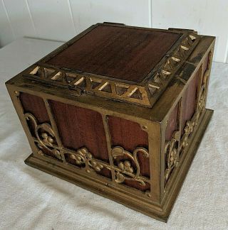 Heavy Antique Vtg Arts & Crafts Deco Wood Mahogany & Brass Humidor Storage Box
