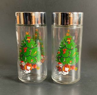 Vintage Anchor Hocking Glass Christmas " Holiday Magic " Salt & Pepper Shaker Set