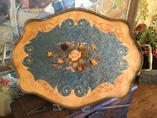 Vintage Italian Satin Wood Marquetry Inlay Floral Design Serving Tray 23”